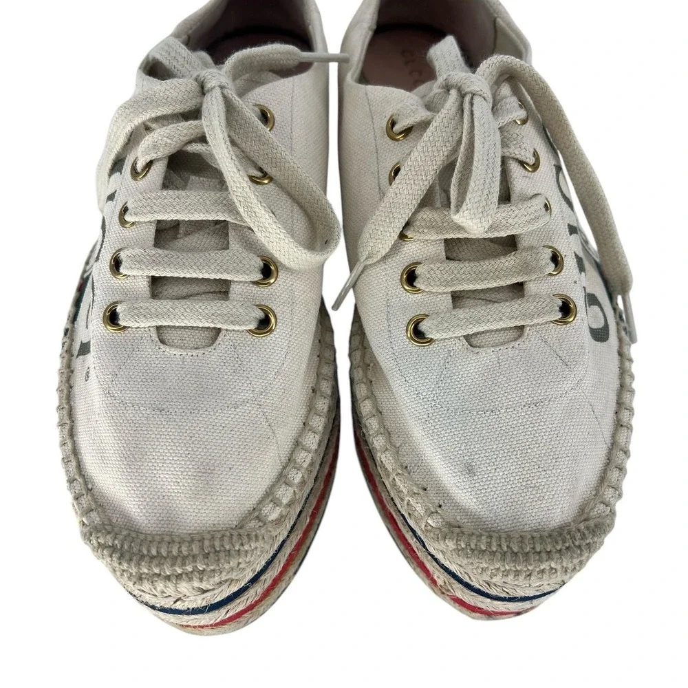 Gucci Cream Canvas Platform Espadrille Sneakers with Red and Green Stripes